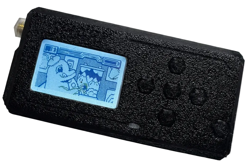Black handheld gaming console with a small screen displaying graphics on a white background
