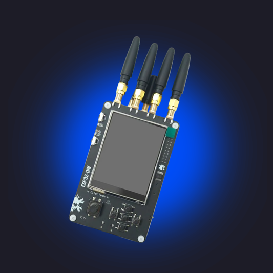 Electronic module with antennas on a blue gradient background